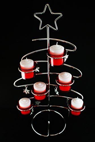 Silver Plated Xmas Tree Star Snow Flakes Candle Holder w/ 6 Red Votive Glass Cups (Without Candle)