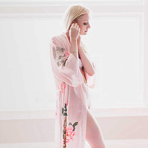 Old Shanghai Women's Kimono Robe Long - Watercolor Floral, peony & bird - cameo blue, One Size