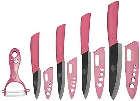 MYVIT Kitchen Ceramic Knife Set 3" 4" 5" 6" Inch Zirconia Black Blade Paring Fruit Vege Cooking Knife Ceramic Knives Set (Pink)