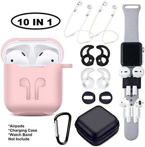 Airpods Case, Airpods Accessories Kit,11 in 1 Protective Silicone Cover and Skin Compatible Apple Airpods with Anti-Lost Airpods Strap,Airpods Ear Hook/Watch Band Holder/Keychain/Headset Box/ (Pink)