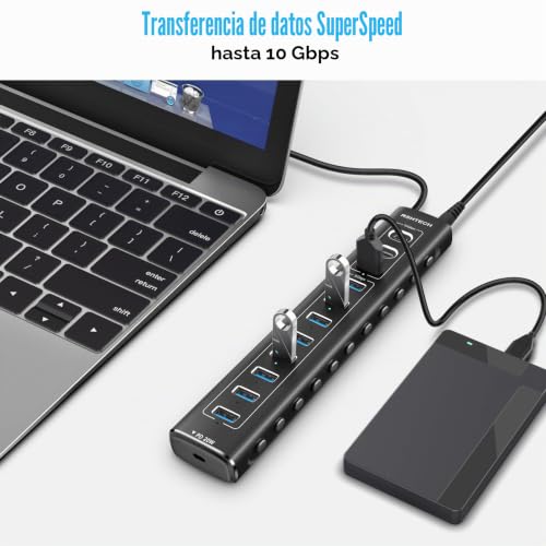 USB Powered Hub, RSHTECH 11 Ports USB 3.2 Hub with Power 60W (12/5A), USB Data Port 10Gbps (2*Tip-C, 1*Tip-A), 7*5Gbps USB 3.0 and 20W PD, Aluminum USB Splitter with 2 in 1 Cable, RSH-A11PD
