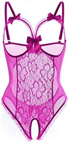 Womens Lingerie Lace Teddy Bodysuit Set Open Cup Crotchless With Mini Bow S-3X