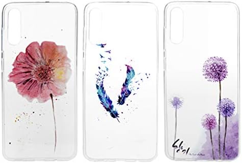 HomeFun 3PCS Cover for Samsung Galaxy A70 TPU Painting Case Silicone Lightweight Thin Flexible Shockproof Protective Phone Shell Flowers+Colorful Feather+Purple Dandelions