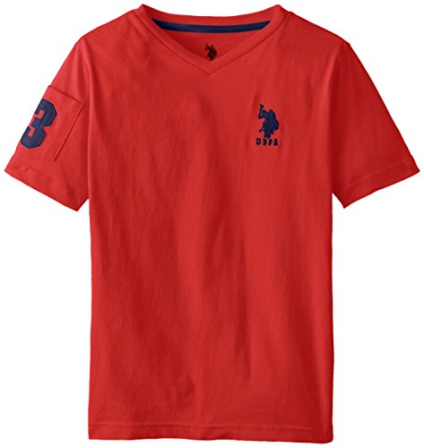 U.S. Polo Assn. Big Boys' Solid V-Neck T-Shirt with Large Embroidered Logo, Red/Navy, 10/12
