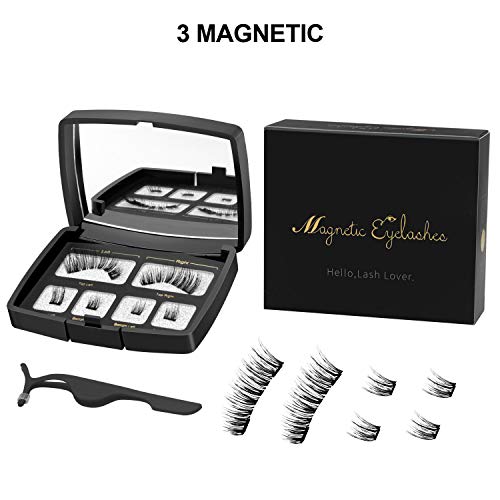 Magnetic Eyelashes Dual Magnets Fiber Fake Eyelashes, 3D Reusable Eyelashes Extensions, No Glue False Eyelashes with Tweezers 1 Pair/6Pcs (Black)