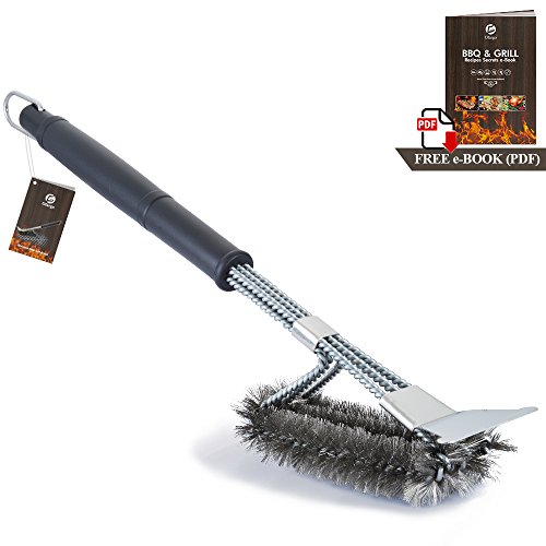 Ofargo Grill Brush and Scraper, Heavy Duty 3-in-1 Stainless Steel Woven Wire Bristles BBQ Cleaner Brush with Strength Clips for Cleaning Weber, Traeger, Char Broil, Kamado Grill Grates (18’’ Handle)