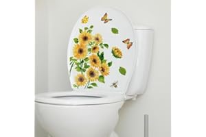 Sunflower Butterfly Bathroom Toilet Lid Decal, Self-Adhesive PVC Wall Mural, Yellow Floral Design, Removable Waterproof Toile