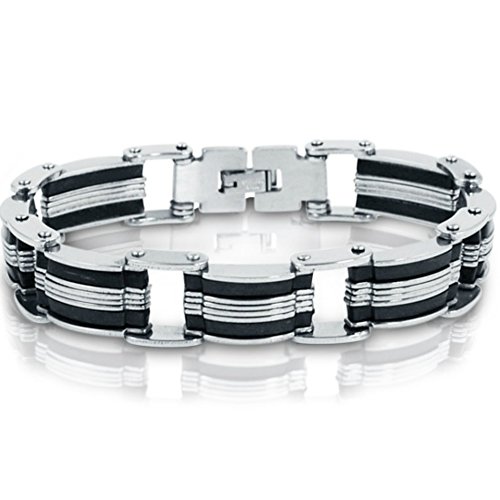Oxford Ivy Stainless Steel with Black Rubber Mens Chain Link Bracelet 8 inch