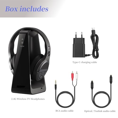 Wireless TV Headset for Seniors with Big Buttons, 15 Hours Battery Life & 0 Delay, Charging Station by Transmitter 2.4 GHz, Bluetooth Over-Ear, for Most TV, Optical-Compatible (TOSLINK)/RCA/3.5 mm