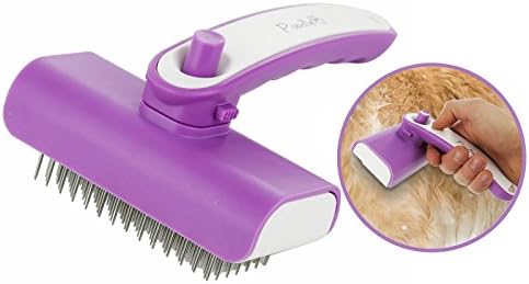 Poodle Pet Self-Cleaning Retractable Steel Pin Grooming Brush for Dogs, Cats, Horses, Rabbits &amp; More, Durable 6.5” x 5” Easy Clean Shedding Groom Comb with Retracting Bristle Cleaner