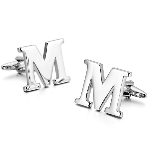 MOWOM Silver Tone 2PCS Rhodium Plated Cufflinks Initial Letter Capital Alphabet M Shirt Wedding - Thumbnail 4