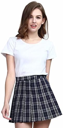Clarisbelle Women High-Waisted Pleated Mini Skirts With Soft Shorts Underneath (L, Navy Blue Checks)