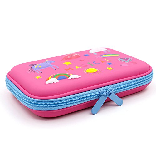 3D Rainbow Unicorn Embossed Hardtop Pencil Case - School Girls Large Colored Pen Holder Box With Compartments - Kids Cute Cosmetic Pouch Bag Stationery Organizer (Hot Pink)