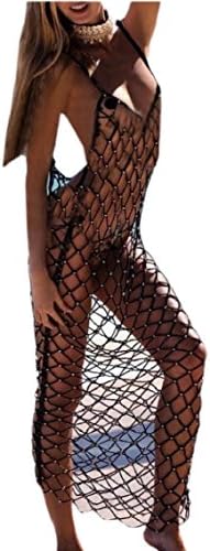 HTOOHTOOH Women Crochet Beach Cover up Fishnet Sarong Wrap Bikini Cover Swimwear Smock Black XS