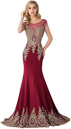Babyonline Long Evening Dress Floor-Length Lace Cap Sleeves Party Prom Dress,Burgundy,size:16