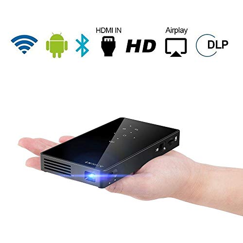 PTVDISPLAY Pocket Portable Mini Projector, 1080P Pico Bluetooth Video Wifi DLP Projector Full HD Support Android 7.1 System HDMI USB TF Card for Home Cinema , Wireless Display for Iphone Home Projecto