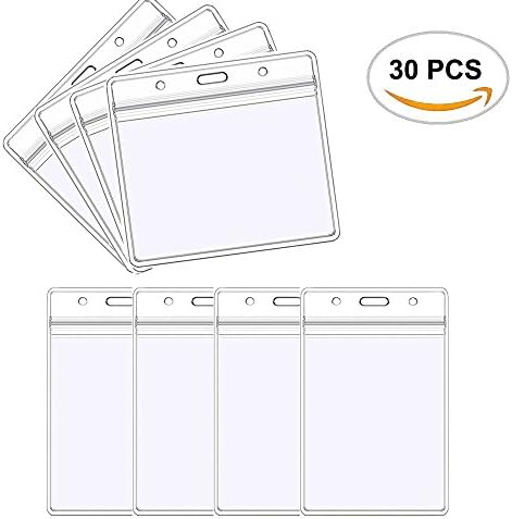 Amersumer 30 Pack Waterproof Type PVC ID Card Holder，Badge，Horizontal 15 Pcs ＆ Vertical 15 Pcs