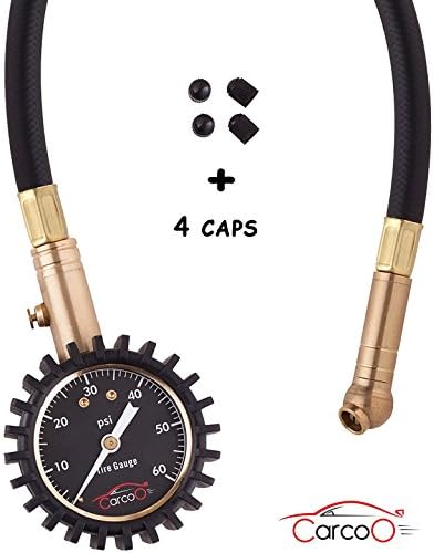 Tire pressure gauge by CarCoo – Best tire pressure monitor, for bike, cars SUV, ATV, and motorcycle, 0 – 60 PSI pressure gauge, plus a free gift of 4 tire caps.