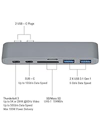 iHomer USB C Hub Adaptador de aluminio con ranura 40 GBS Thunderbolt 3, Pass through, SD lector de tarjetas micro de carga y 2 puertos USB 3.0 para Macbook Pro 13" y 15"   (Espacio Gris)