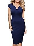 Miusol Women's Classicial V Neck Retro Business Bodycon Pencil Dress (Medium, Navy Blue)