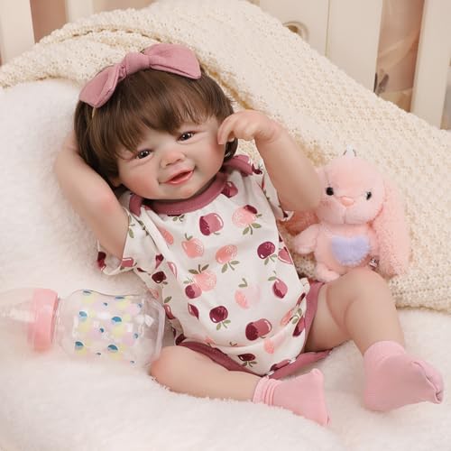 Bebê Reborn Boneca Realista Menina de Silicone Olhos Castanhos Pintado Pode dar Banho (Menina Boneca 48cm)