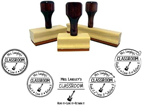 Customized Personal School Rubber Stamp. with a Electric Guitar Graphic. Perfect for Graduation Present. from The Classroom Library.