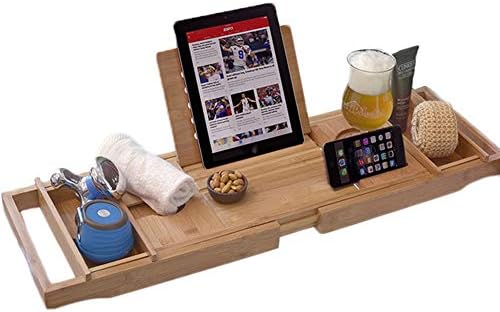 BlueSpace Bamboo Bathtub Tray Caddy Luxury Shower Organizer Trays with Book and Wine Holder Extending Sides Non-Slip
