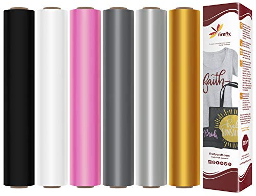 Firefly Craft Heat Transfer Vinyl Bundle | Basic HTV Vinyl Bundle | Iron On Vinyl for Cricut andSilhouette | 6 Best Selling Colors Including our Best Selling White HTV - 12" x 20" Each