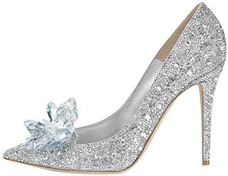 Frestepvie Women's Bridal Wedding Stiletto Pumps Sparkly Prom Party Crystal Court Shoes Ladies Pointed Toe Diamond Flower Kitten Heel Dress Shoes