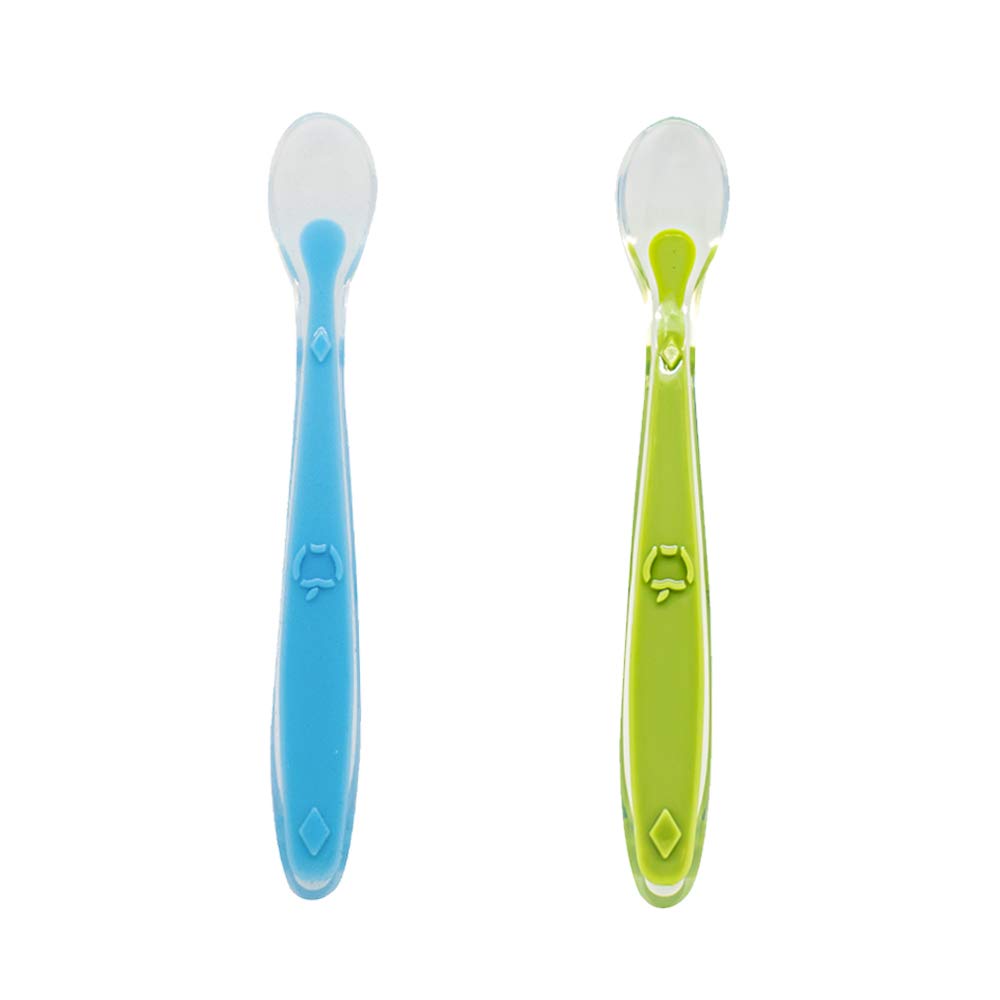 Callowesse Baby Long-Lasting Durable Silicone Spoons with Easy Grip, Soft Tips, BPA-Free, Dishwasher and Microwave Safe, Bright Colours to Make mealtimes More Fun 2 Pack – Blue & Green