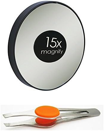 15X Magnification Suction Cup Mirror, Black, Round with Stainless Steel Tweezers