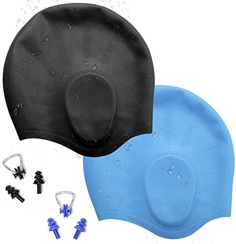 noorlee 2 PACK Swim Cap Waterproof Swimming Cap Swim Caps with Solid Silicone 3D Ergonomic Design Ear Pocket for Adults Kids Women Men Keep Hair Dry
