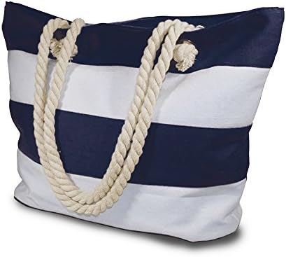 Beach Bag With Inner Zipper Pocket - Large Sized Mesh Cotton Striped Tote Bag &amp; Bonus Phone Dry bag