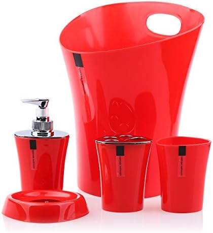 5 Piece Plastic Bathroom Accessory Set Soap Dish,soap Dispenser,toothbrush Holder,tumbler and Waste Bin (Red)