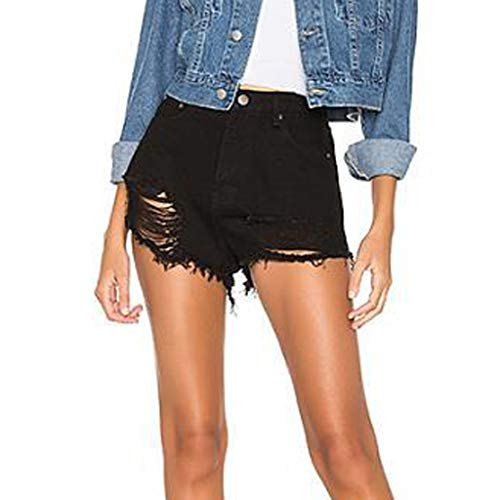 Botrong Fashion Women Casual Skinny Jeans Hole Denim Mid Waist Shorts Pants (Black,XS)