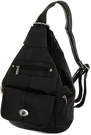 Womens Black Leather Convertible Sling Twist Lock Flap Backpack Shoulder Bag with EARBUDS CASE