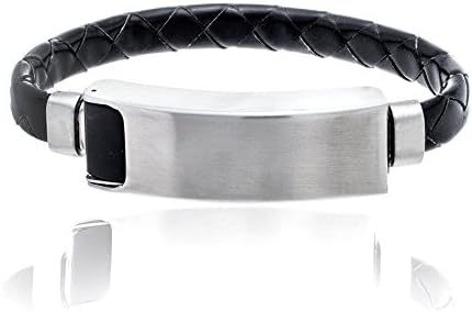 STEEL EVOLUTION Stainless Steel Black Leather and Matte ID Bar Bracelet for Men with USB Port for iOS