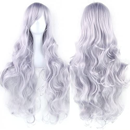 IMISSU 80cm Long Curly Natural Hair Cosplay Wig with Bangs Colorful Halloween Costume Party Wigs for Women (Sliver Grey)