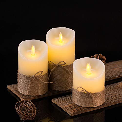 Aku Tonpa Flameless Candles Battery Operated Pillar Real Wax Flickering Moving Wick Electric LED Candle Gift Set with Remote Control and Timer, Ivory Wax with Hemp Rope