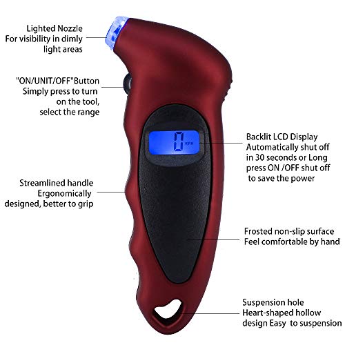 HUIQIAODS Digital Tire Gauges 150 PSI 4 Pressure Units with Lighted Nozzle Backlit LCD and Non-Slip Grip for Vehicle Motorcycle Bike - Red - Thumbnail 2