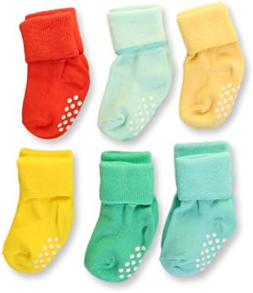 Aymoon Socks Baby Boys-Girls Non-Skid and Anti-Slip Turn Cuff Pack of 6 Multi-Color (3-12, Unisex Green-Red-Yellow Set)