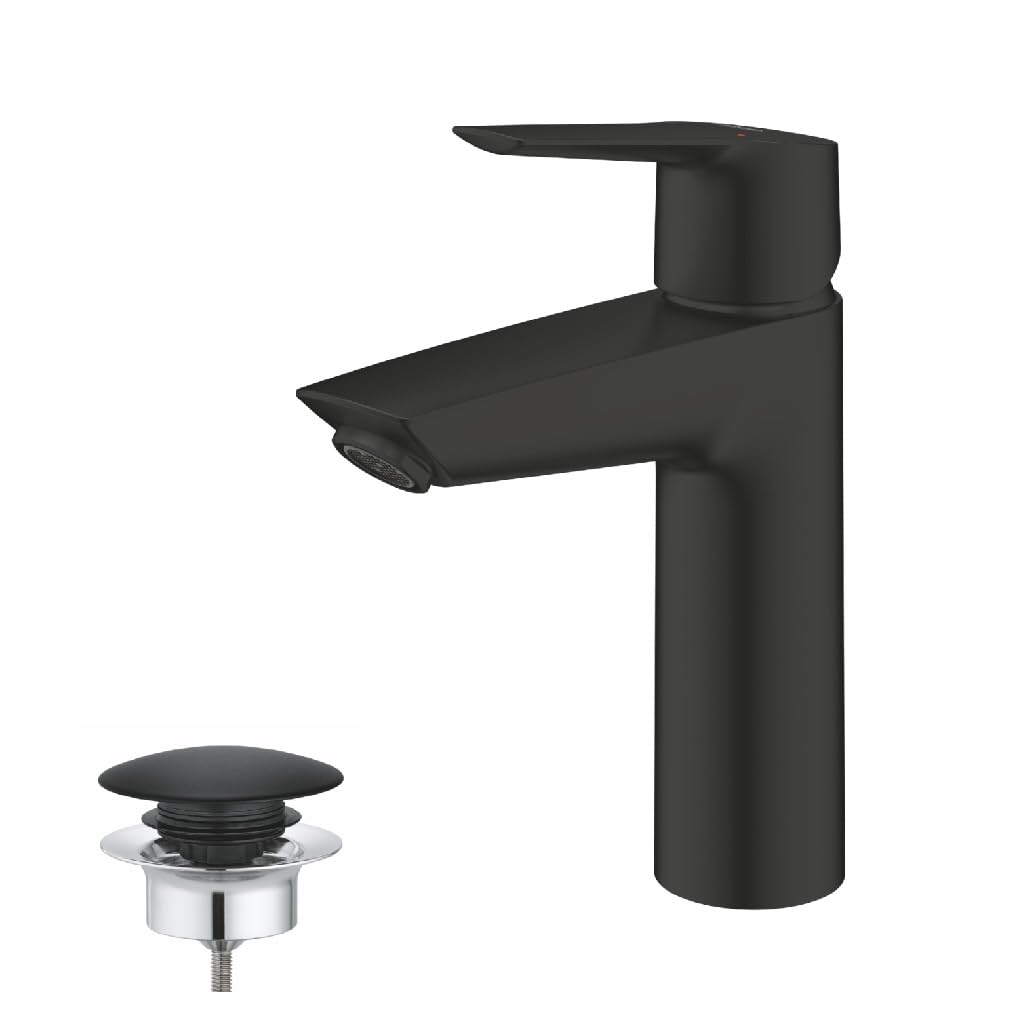 GROHE Start 237462432 Energy-Saving Washbasin Tap, Cold Water in Central Position (Tap for Bathroom Sink, 19 cm High, with Pop-Up Drain, with Practical 3-in-1 Tool), Black