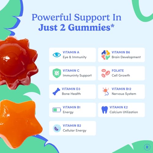 First Day Kids Multivitamin Gummies Age 4+, Strawberry & Orange - Kids Vitamins Multivitamin Gummy A C D3 K2 B1 B2 B6 B12 Folate, Immunity & Brain Function, Vegan - 30 Day Supply, Packaging May Vary