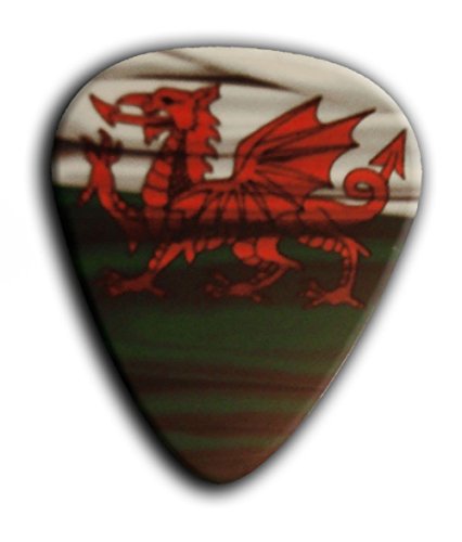 Unique and Custom (.76 MM Thick) Medium Gauge Hard Plastic, Traditional Style "Semi Tip" Guitar Pick w/ Wales Welsh Dragon Flag UK British Design {Red, Green & White - 5 Picks Multipack}