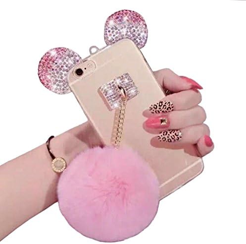 Jesiya iPhone 5/5s case Fur Ball Diamond, Design Cute 3D Handmade Diamond Bling Ears with Mobile Phone Hang Rope Metal Buckle Pendant Soft TPU Clear Cover case for iPhone 5/5s