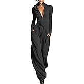 Molilove Womens Long Sleeve Jumpsuit Zipper Jacket Baggy Pants Outfits Casual Fall Overall Cargo Jumpsuit Going Out Outfits