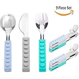 Stainless Steel Toddler Utensil Set for Kids | UpwardBaby Quick Learning Self Feeding 9 Piece Silverware | Silicone Interlocking Handle Easy Grip School | BPA Free for Baby 3 Forks Spoons Knife