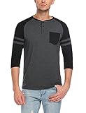 Hotouch Men Raglan 3/4 Sleeve Contrast Color Pocket Henley T-Shirt