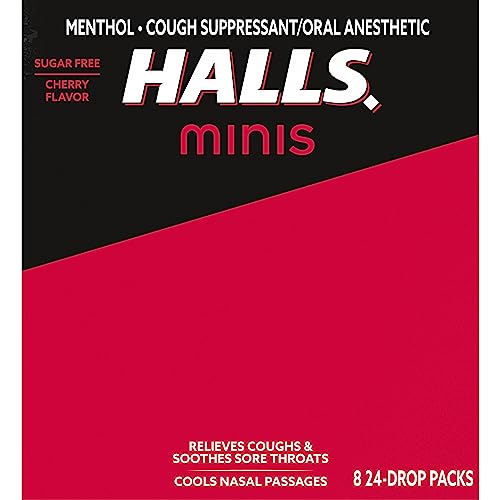 HALLS MINIS CHERRY FLAVOR SUGAR FREE COUGH DROPS, 8 PACKS OF 24 DROPS (192 DROPS TOTAL)