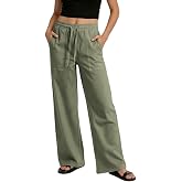 keriffe Womens Casual Linen Pants Drawstring Wide Leg Summer Beach Trousers | 2 Pockets,Elastic High Waist,Vacation Outfits,Lounge Trousers